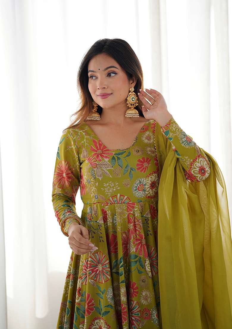 Green Floral Print Silk Blend Sharara Set - Indya