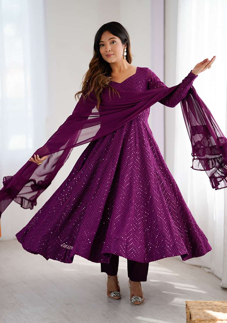 Wine Sequin Work Georgette Anarkali With Dupatta - Indya