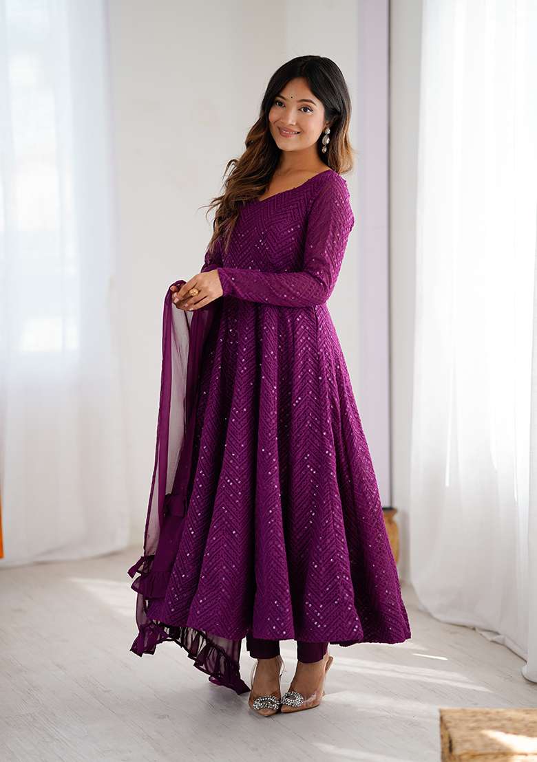 Wine Sequin Work Georgette Anarkali With Dupatta - Indya