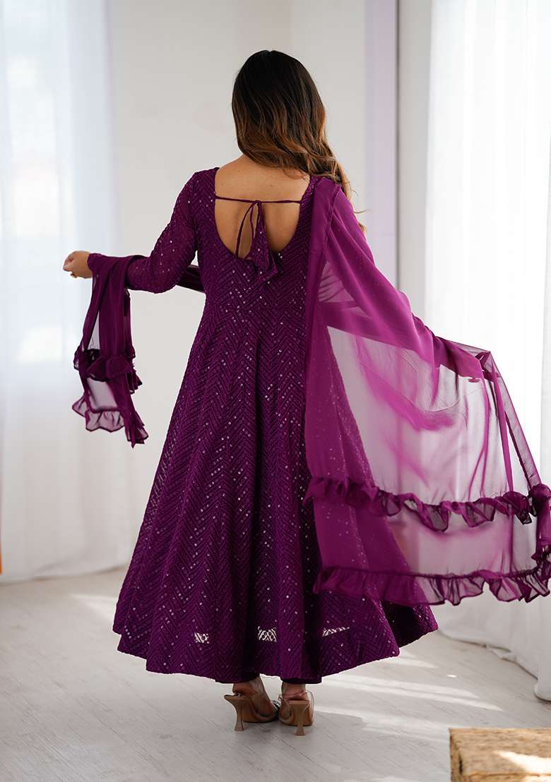Wine Sequin Work Georgette Anarkali With Dupatta - Indya