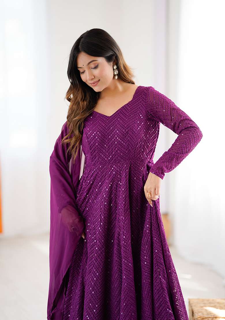 Wine Sequin Work Georgette Anarkali With Dupatta - Indya