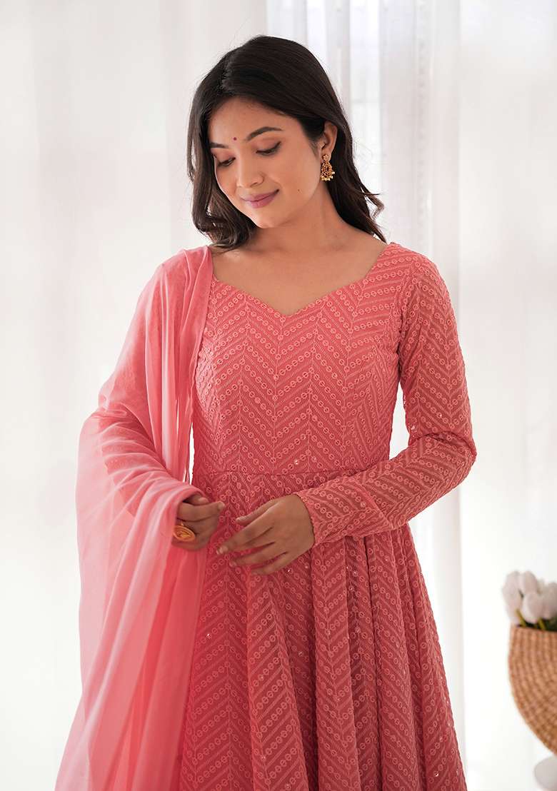 Peach Chikankari Georgette Anarkali With Dupatta - Indya