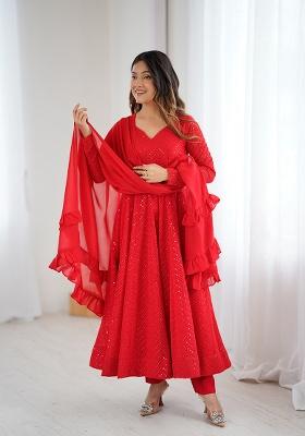 Red Embroidery Fox Georgette Anarkali With Dupatta