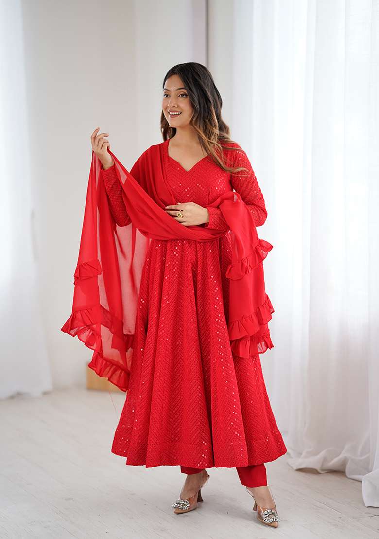 Red Sequin Work Georgette Anarkali With Dupatta - Indya