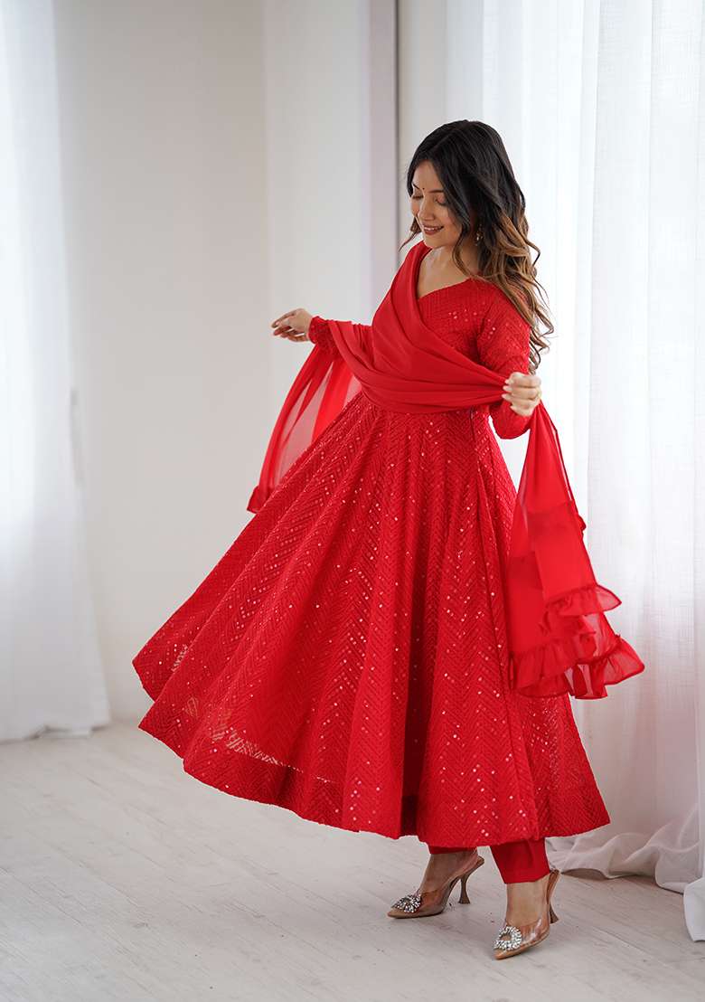 Red Sequin Work Georgette Anarkali With Dupatta - Indya