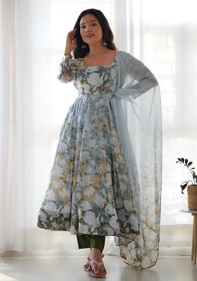 Grey Floral Print Organza Anarkali Set