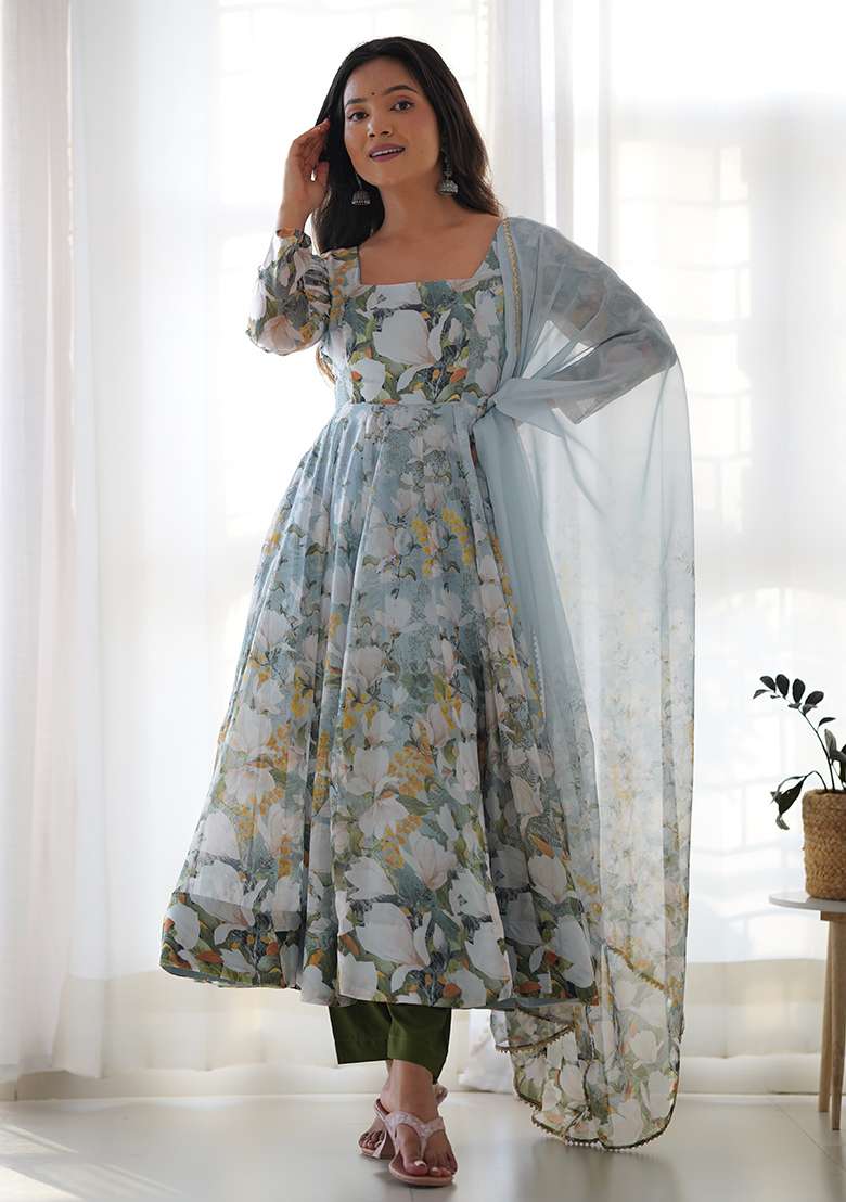 Grey Floral Print Organza Anarkali Set - Indya