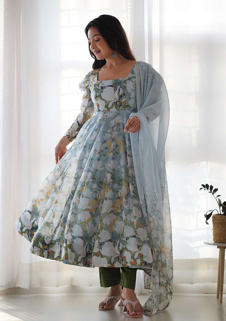 Grey Floral Print Organza Anarkali Set - Indya