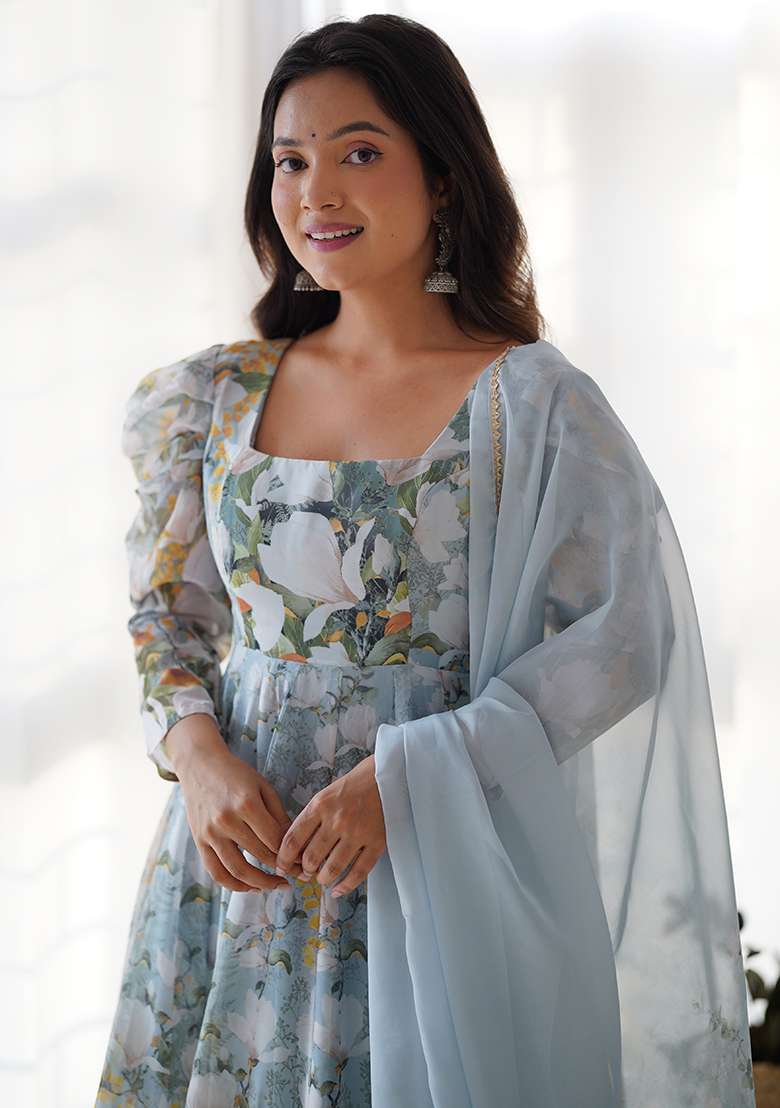Grey Floral Print Organza Anarkali Set - Indya