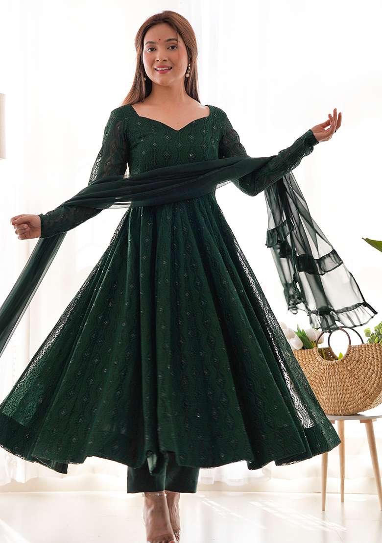 Green Embroidered Georgette Anarkali With Dupatta - Indya