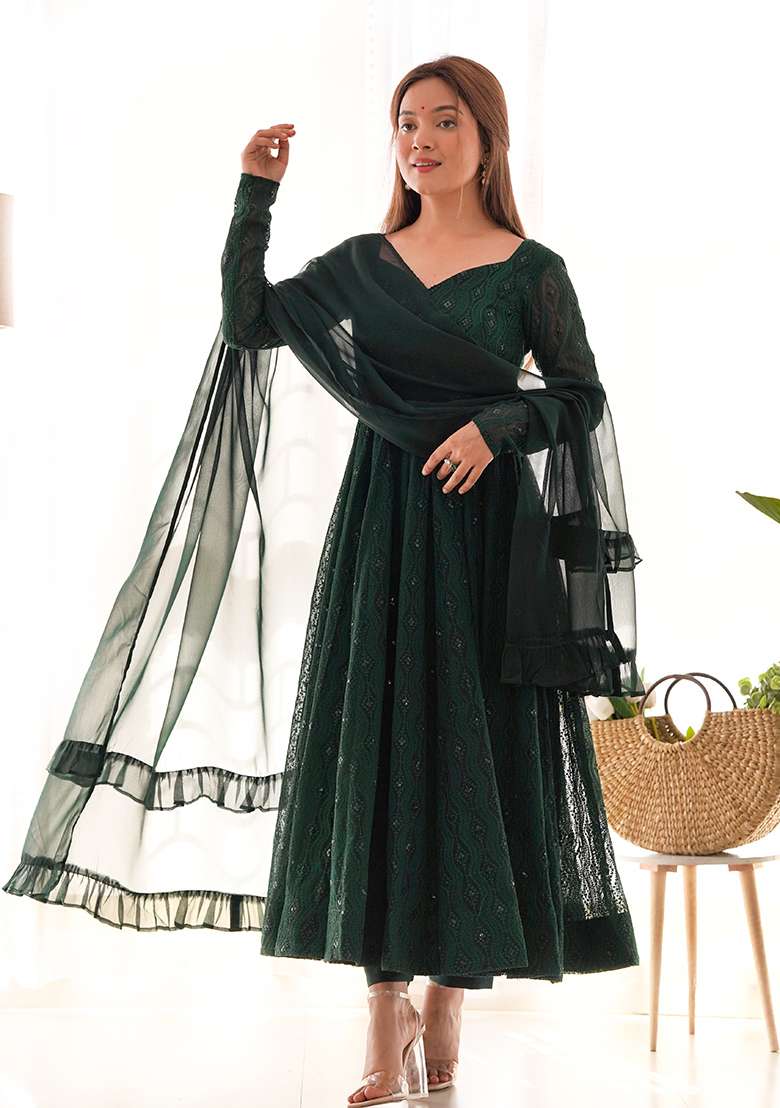 Green Embroidered Georgette Anarkali With Dupatta - Indya
