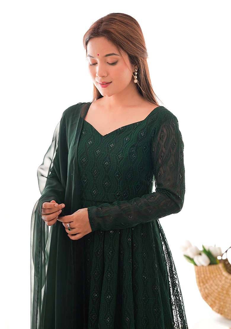 Green Embroidered Georgette Anarkali With Dupatta - Indya