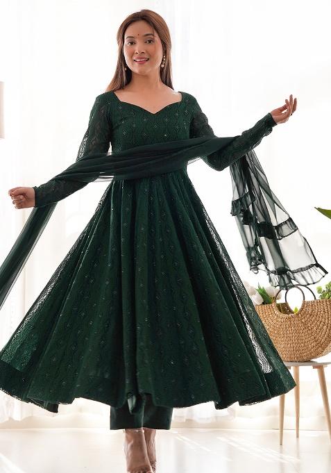 Green Embroidery Fox Georgette Anarkali Set