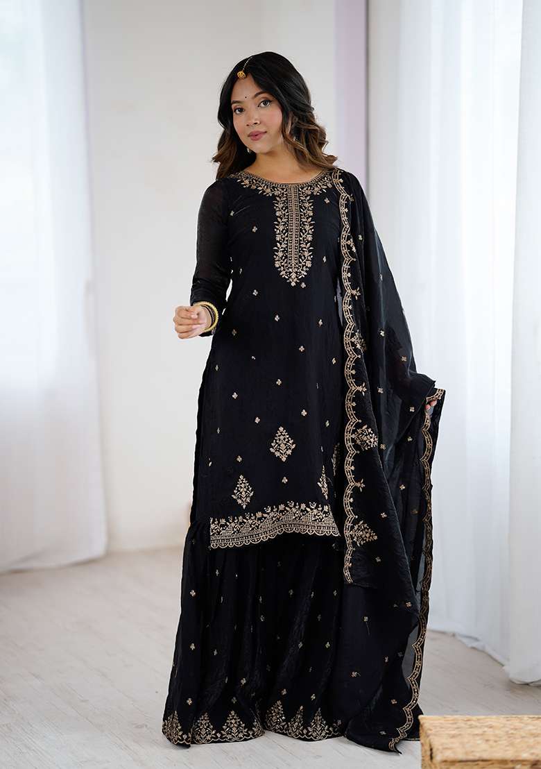 Black Embroidered Silk Blend Sharara Set - Indya