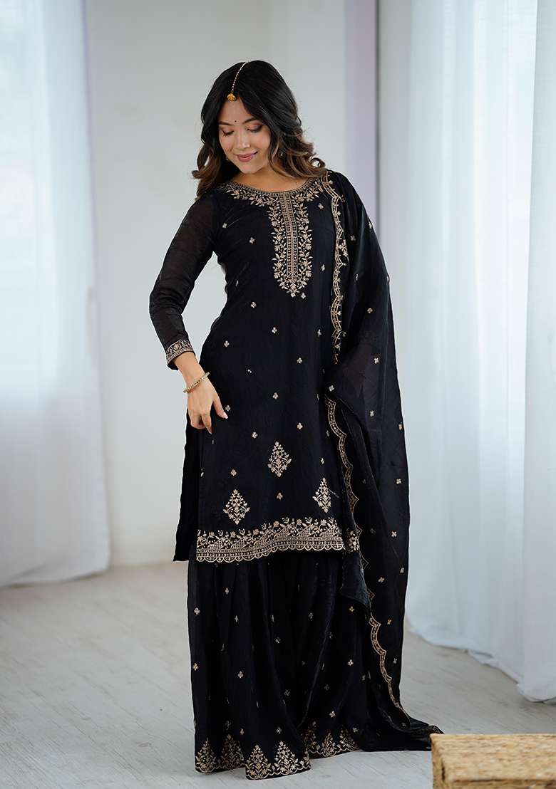 Black Embroidered Silk Blend Sharara Set - Indya