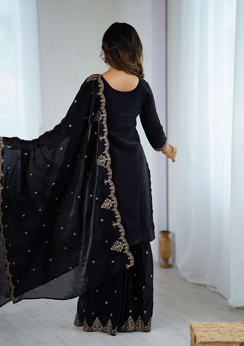 Black Embroidered Silk Blend Sharara Set - Indya