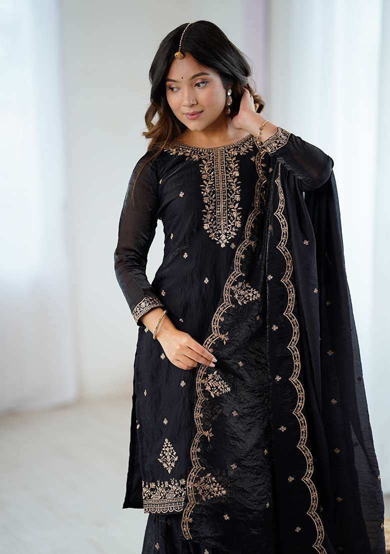 Black Embroidered Silk Blend Sharara Set - Indya
