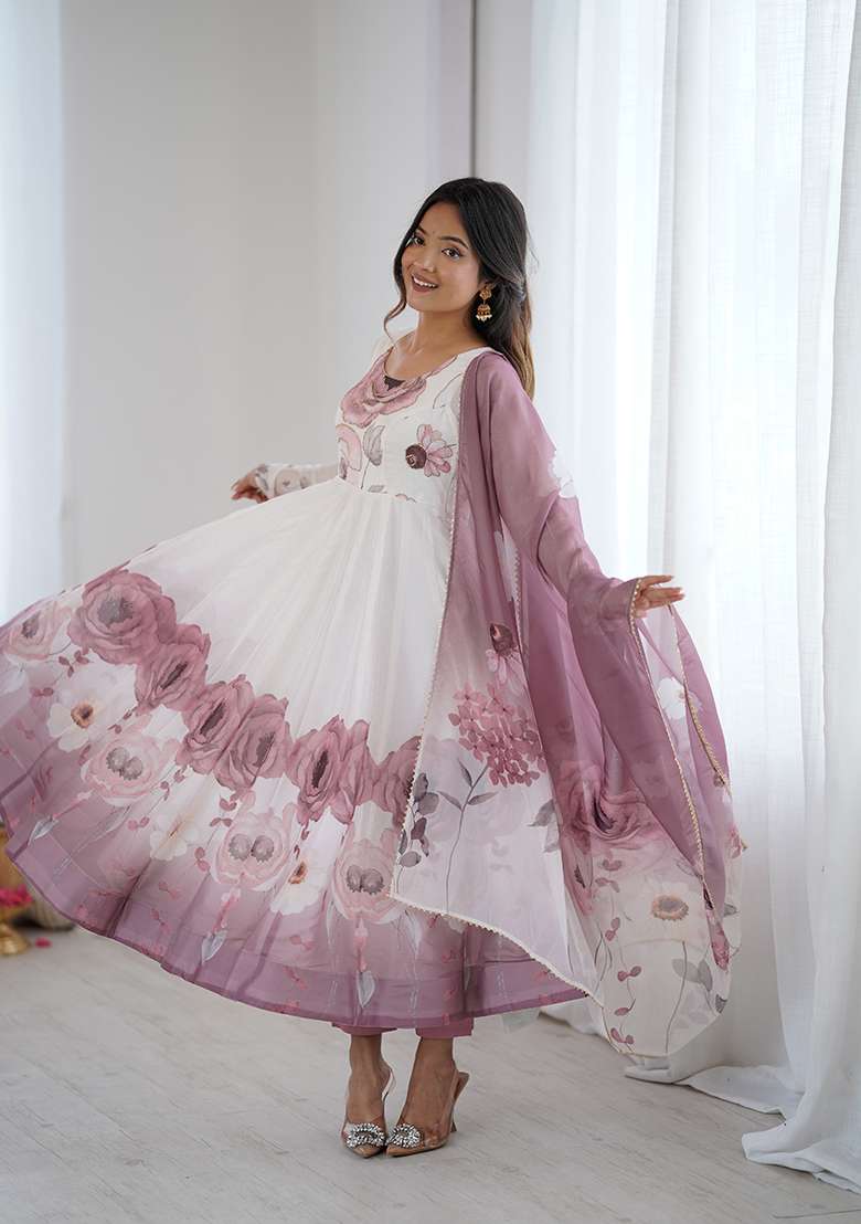 Pink Floral Print Silk Blend Anarkali With Dupatta - Indya