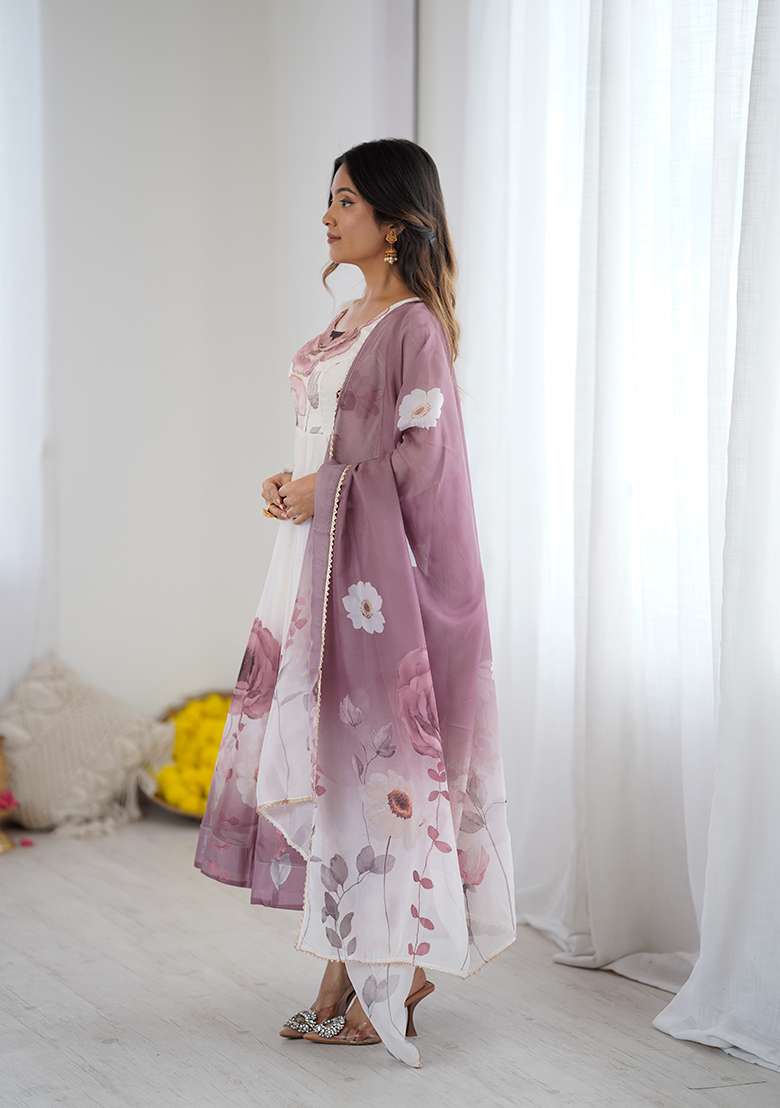 Pink Floral Print Silk Blend Anarkali With Dupatta - Indya