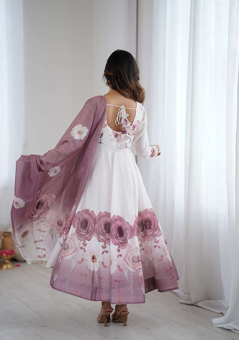 Pink Floral Print Silk Blend Anarkali With Dupatta - Indya
