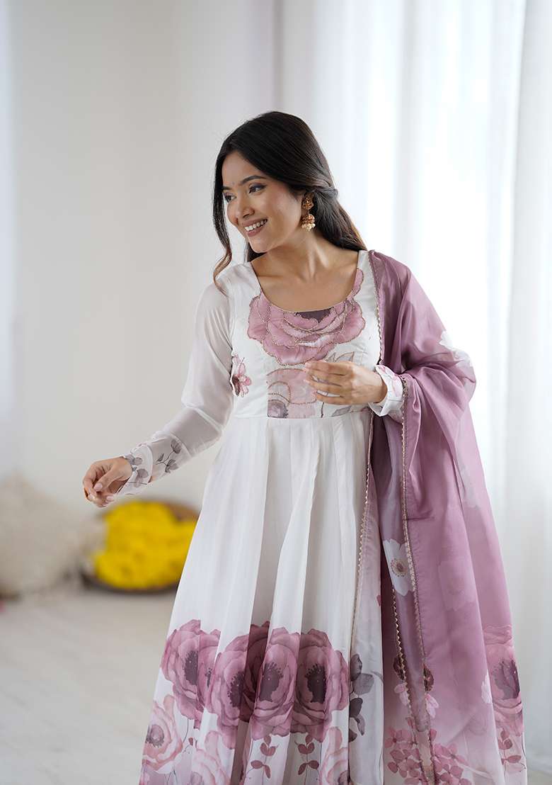 Pink Floral Print Silk Blend Anarkali With Dupatta - Indya