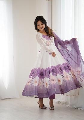 Purple Printed Organza Silk Anarkali With Dupatta