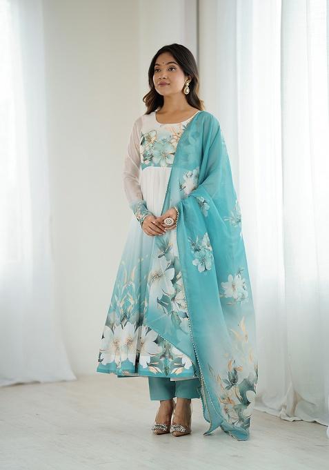 Blue Printed Organza Silk Anarkali Set