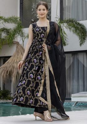 Black Embroidered Muslin Anarkali Set