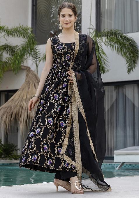 Black Printed Muslin Kurta Set
