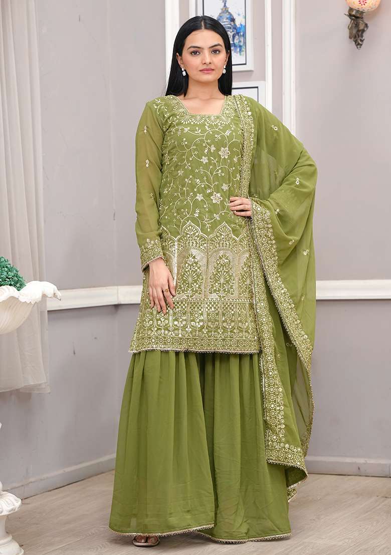Green Embroidered Georgette Sharara Set - Indya