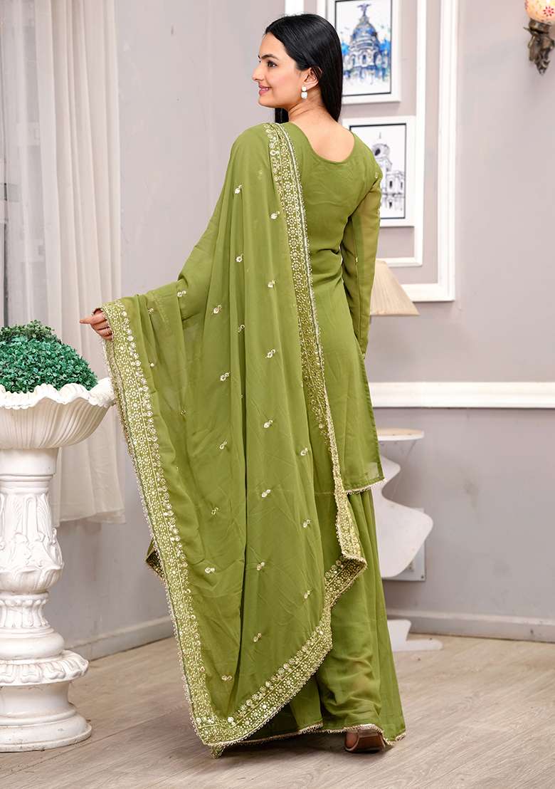 Green Embroidered Georgette Sharara Set - Indya