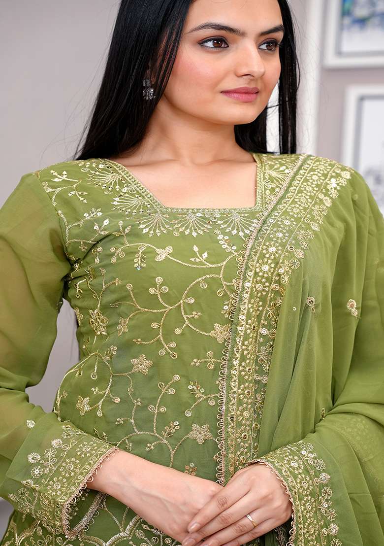 Green Embroidered Georgette Sharara Set - Indya