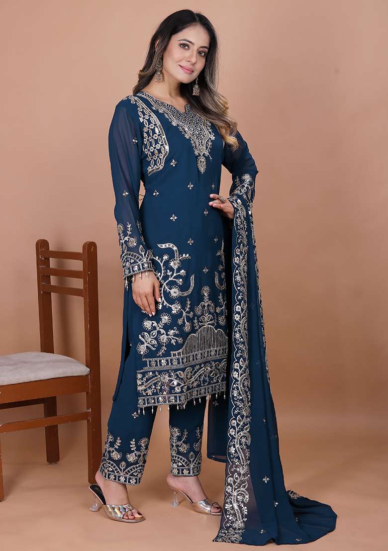 Blue Embroidered Georgette Pakistani Suit Set - Indya