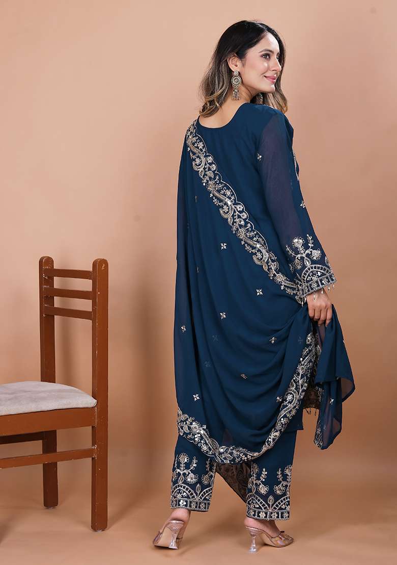 Blue Embroidered Georgette Pakistani Suit Set - Indya