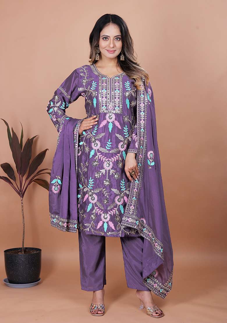 Purple Embroidered Chinon Straight Kurta Set - Indya
