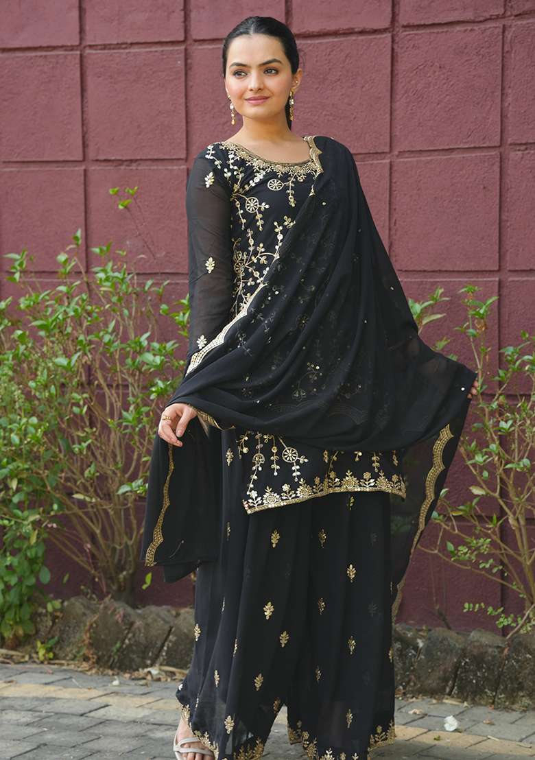 Black Embroidered Georgette Sharara Set - Indya