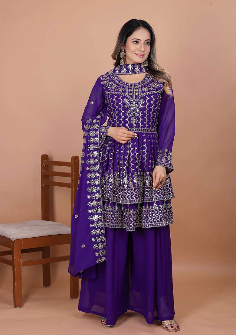 Purple Embroidered Georgette Sharara Set - Indya