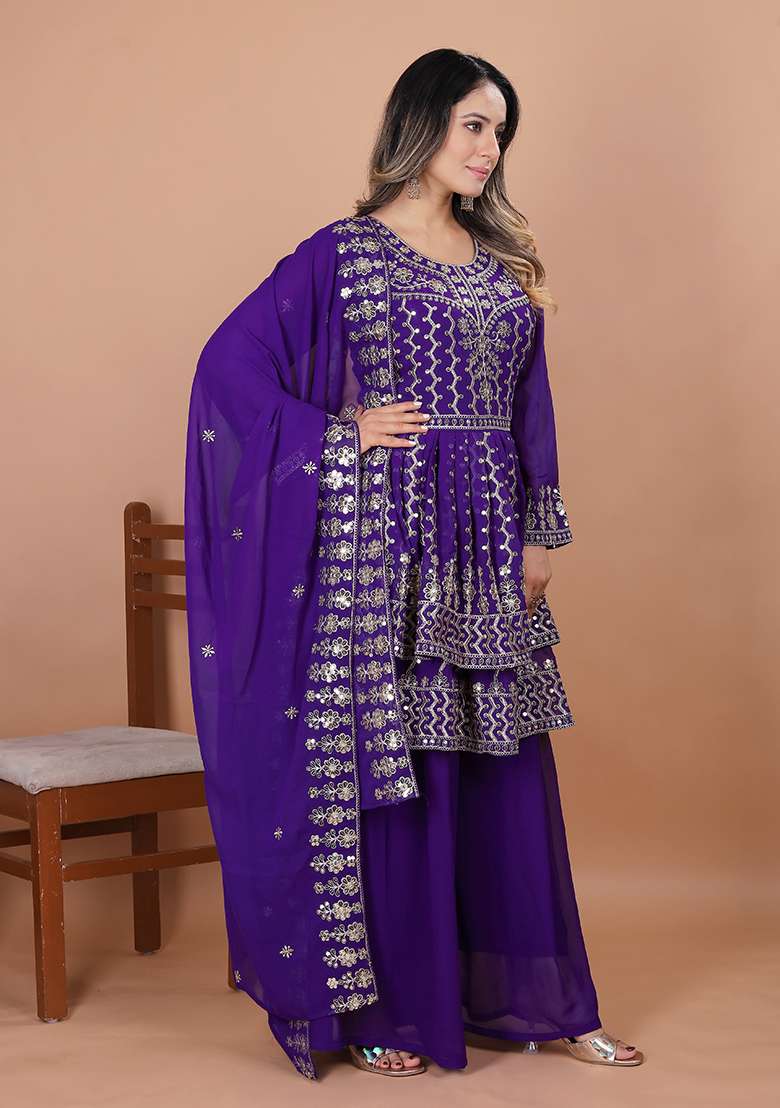 Purple Embroidered Georgette Sharara Set - Indya