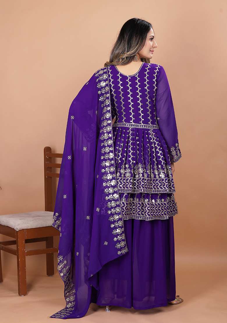 Purple Embroidered Georgette Sharara Set - Indya