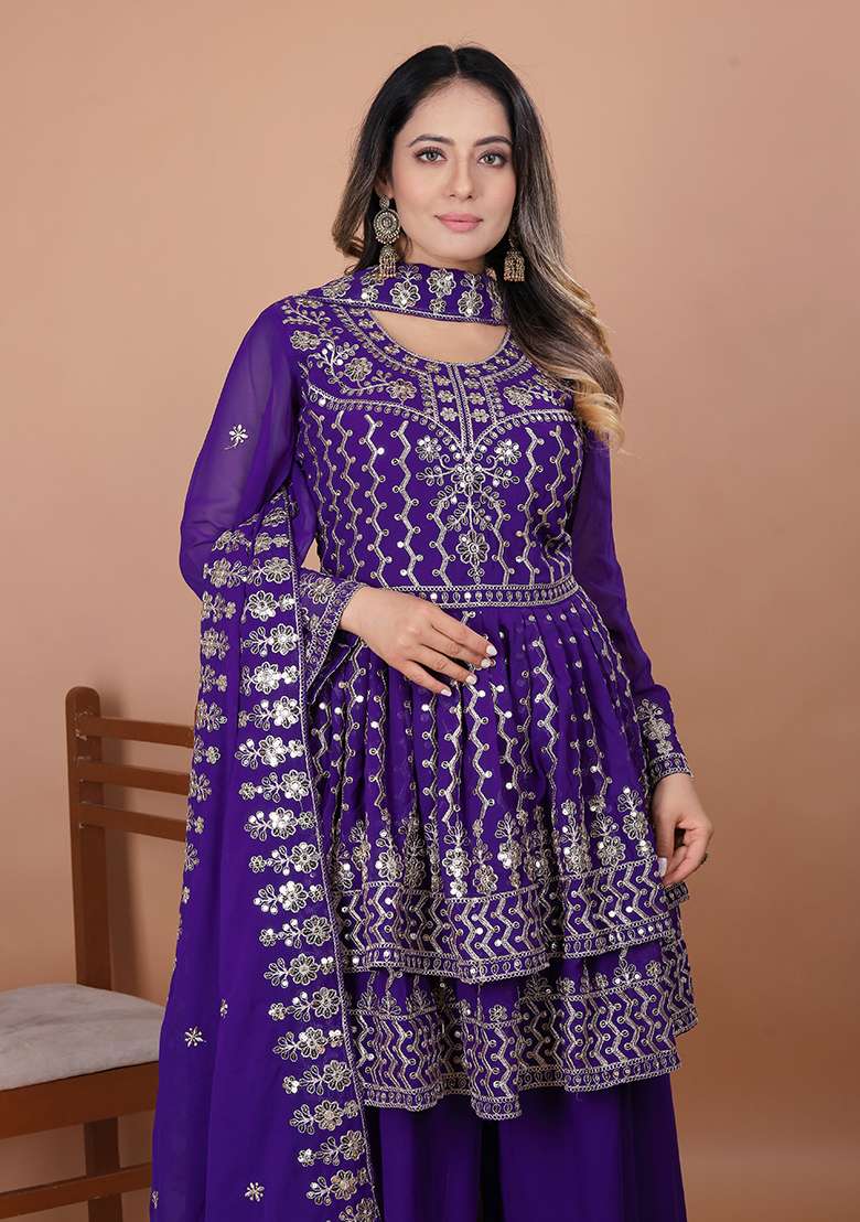 Purple Embroidered Georgette Sharara Set - Indya