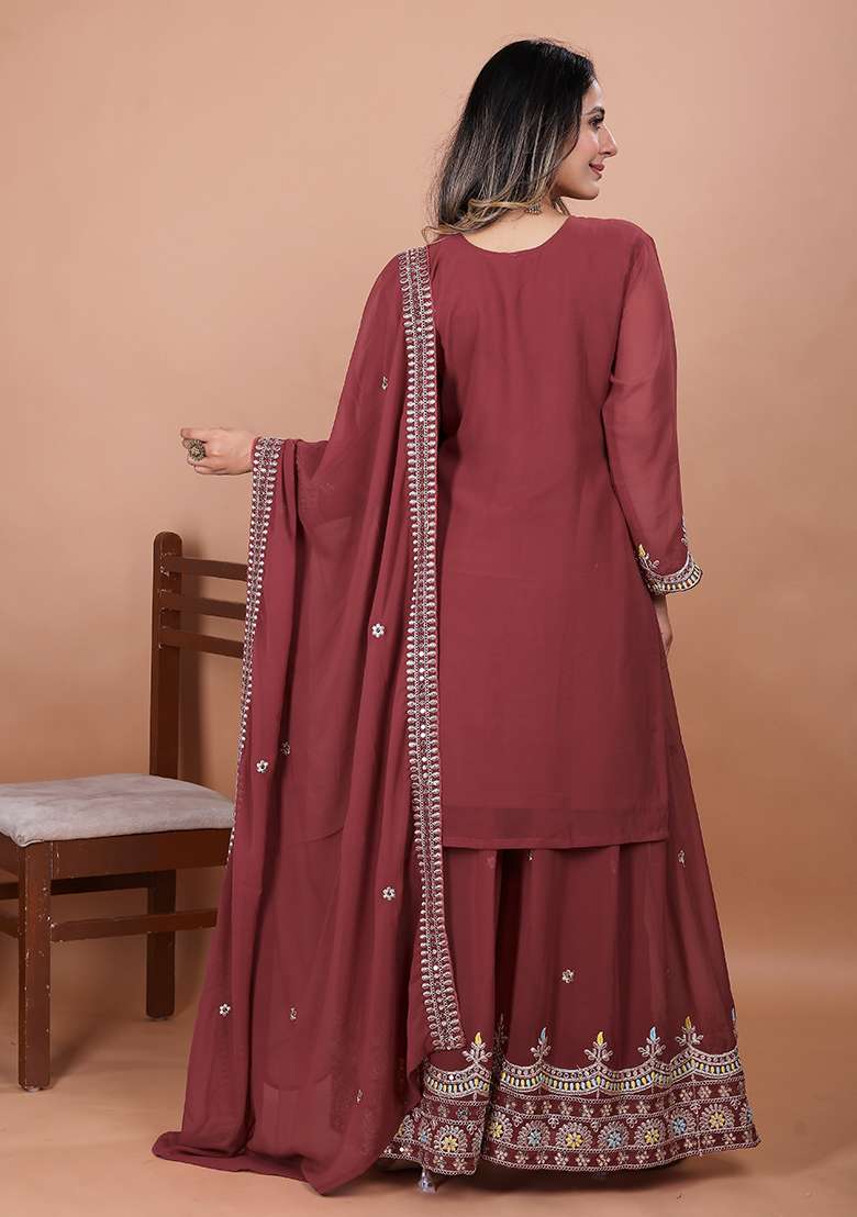 Pink Embroidered Georgette Sharara Set - Indya