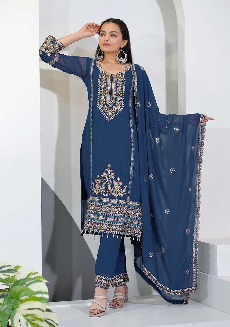 Blue Embroidered Georgette Pakistani Suit Set - Indya