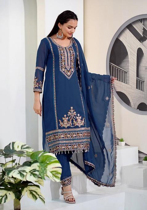 Blue Embroidery Fox Georgette Kurta Set
