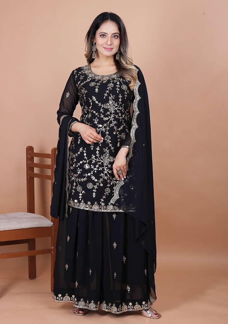 Purple Embroidered Silk Blend Sharara Set - Indya