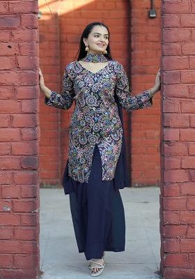 Blue Printed Silk Blend Sharara Set