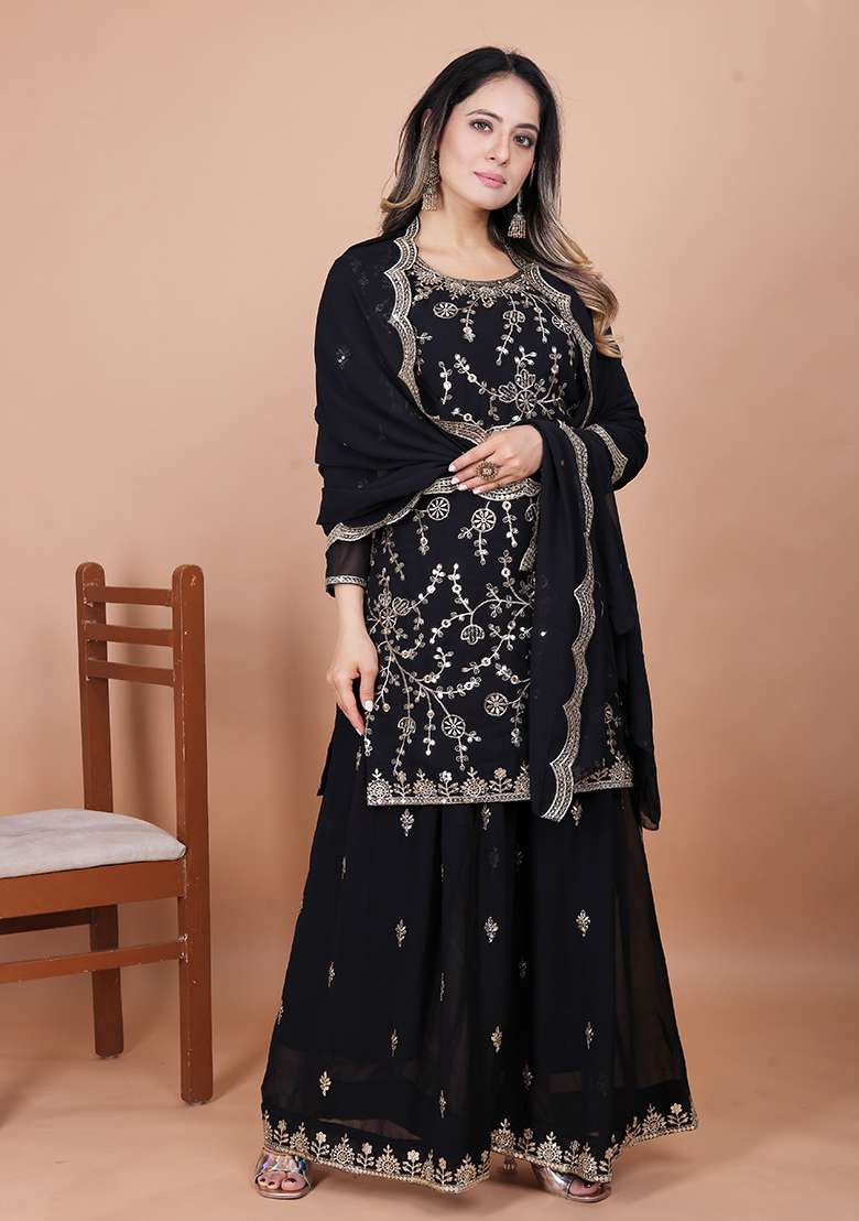 Black Embroidered Georgette Sharara Set - Indya