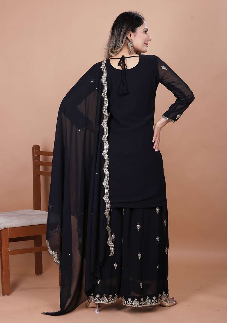 Black Embroidered Georgette Sharara Set - Indya