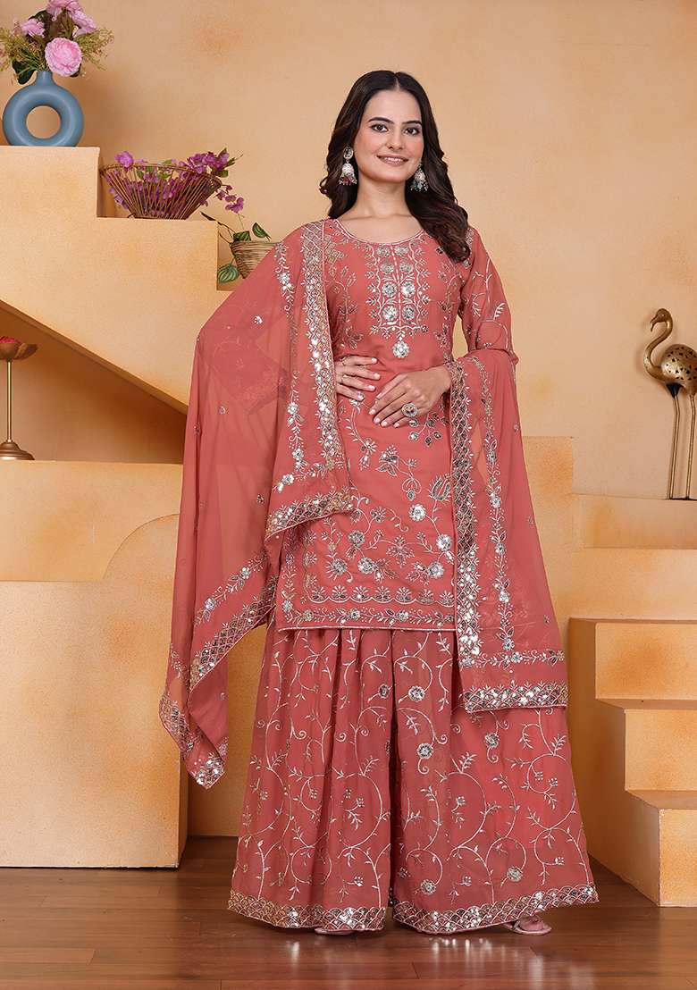 Peach Embroidered Georgette Sharara Set - Indya
