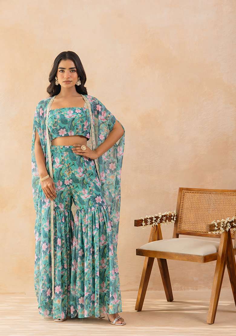 Green Embellished Georgette Sharara Set - Indya