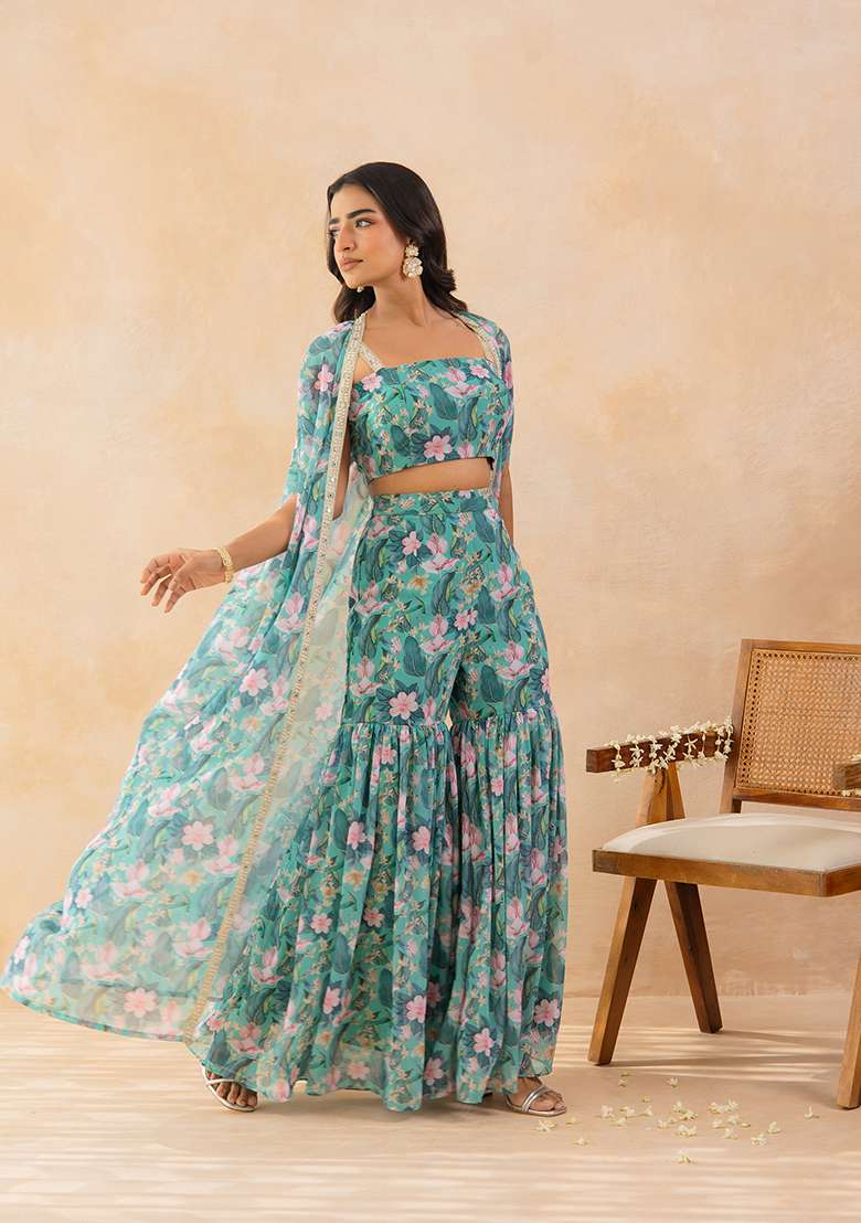 Green Embellished Georgette Sharara Set - Indya